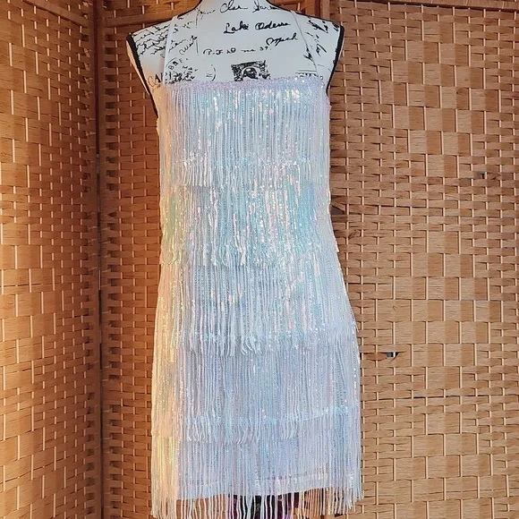 Elegant White Fringe Mini Dress - Picture 2 of 16